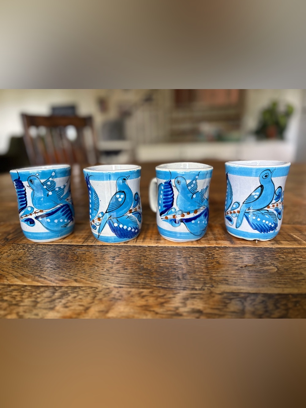 Vtg Tonala Mexico Hand‑Painted Blue Bird Ceramic Mug Folk Art - Set of 4